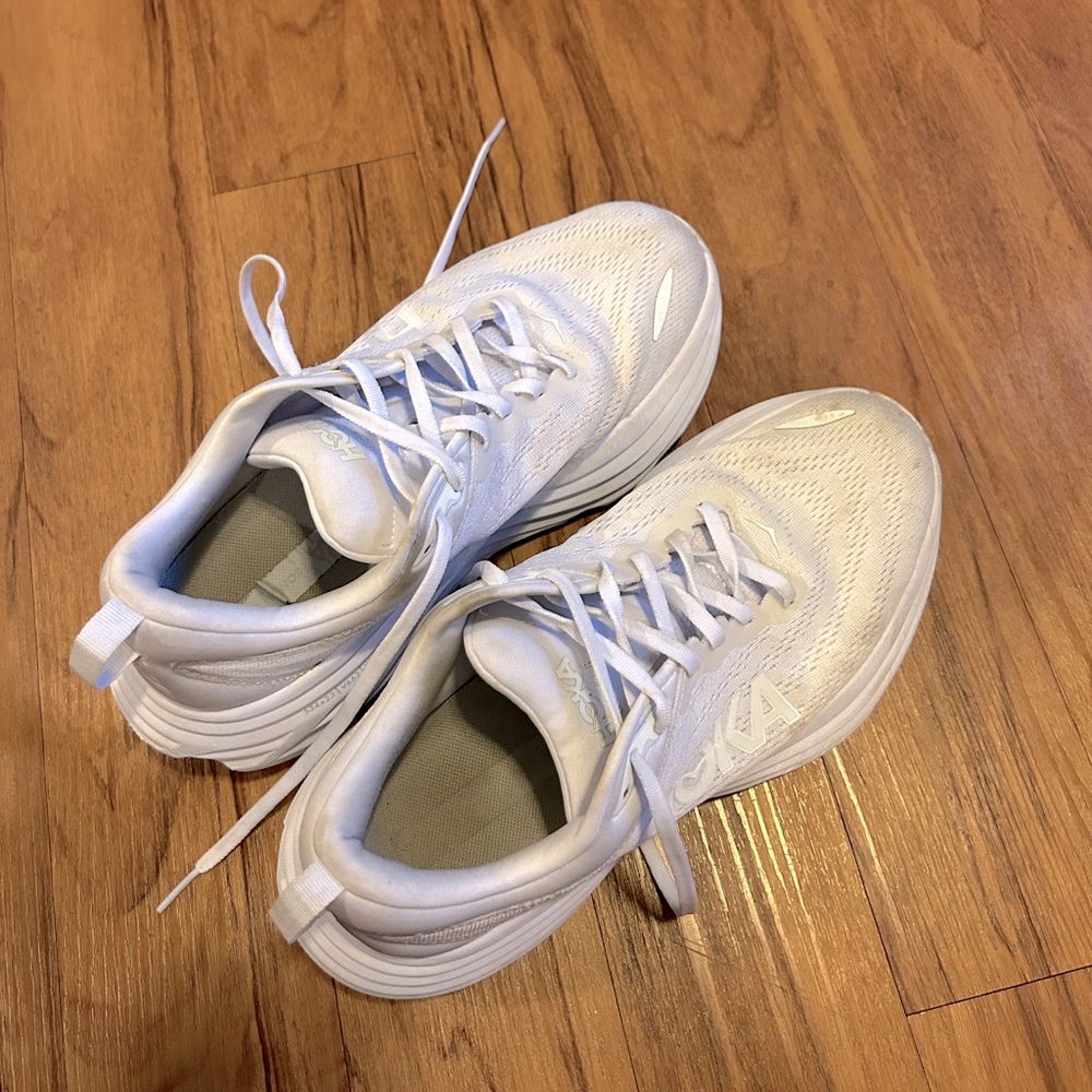 Women’s Hoka Bondi 8, All White Running Shoe, Size 10
